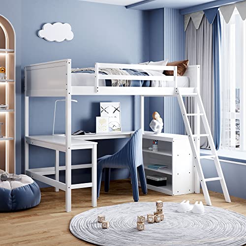 MOEO Full Size Loft Bed with Shelves and Desk, Wooden Loftbed Frame with w/Ladder for Kids, Boys, Girls, Bedroom, No Spring Box Required, White