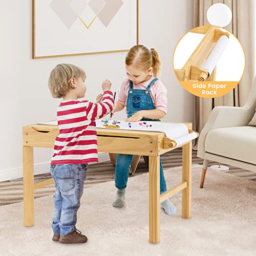 HONEY JOY Kids Table, 2 in 1 Toddler Wooden Activity Table with Paper Roll, Convertible Building Block Tabletop, 3 Storage Compartments, Children Furniture Set for Daycare, Playroom, Natural