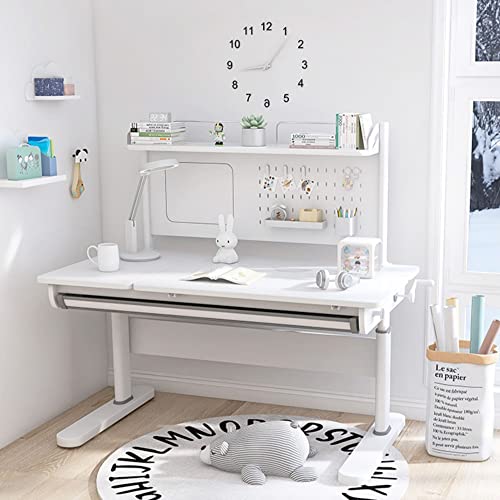 FCD Desk for Kids, Height Adjustable Wood Children Study Computer Desk with Large Shelf, Tiltable Desktop and Pull-Out Drawer