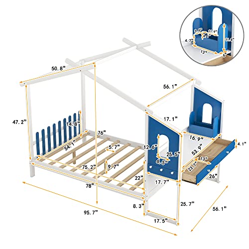 Tensun Full Size Platform Bed Frame with Built-in Desk and Two Drawers,Separate Storage Pen Case,House Shaped Platform Bed for Kids,Teens,Students,White+Blue