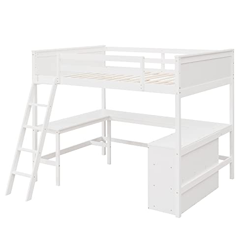 MOEO Full Size Loft Bed with Shelves and Desk, Wooden Loftbed Frame with w/Ladder for Kids, Boys, Girls, Bedroom, No Spring Box Required, White