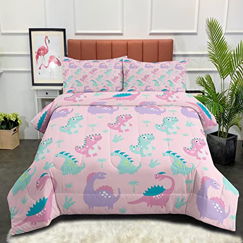 NINENINE Girls Pink Dinosaur Bedding Twin Comforter Set for Boys Kids Toddler Bedding Cute Cartoon Colorful Little Dino Comforter Set with 1 Comforter 1 Pillowcase