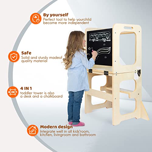 Asweets 4 in 1 Toddler Standing Tower for Leanring Kitchen Stool Helper with Chalkboard,Safer Than a Step Stool,Art Desk Anti-Slip Protection Ideal Helper for Little Kids in The Kitchen