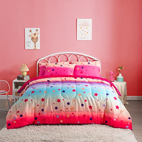 SUCHDECO Kids Bedding Sets for Girls Rainbow Bedding with Colorful Stars 3 PCS Twin Comforter with 2 Pillowcases for Kids Teens Girls Women