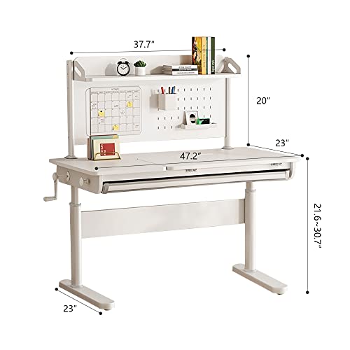 FCD Desk for Kids, Height Adjustable Wood Children Study Computer Desk with Large Shelf, Tiltable Desktop and Pull-Out Drawer