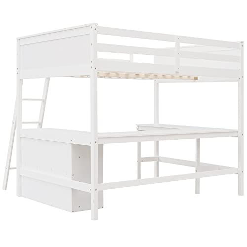 MOEO Full Size Loft Bed with Shelves and Desk, Wooden Loftbed Frame with w/Ladder for Kids, Boys, Girls, Bedroom, No Spring Box Required, White