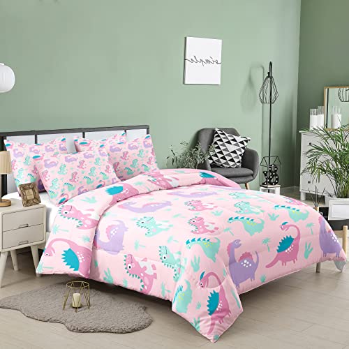 NINENINE Girls Pink Dinosaur Bedding Twin Comforter Set for Boys Kids Toddler Bedding Cute Cartoon Colorful Little Dino Comforter Set with 1 Comforter 1 Pillowcase