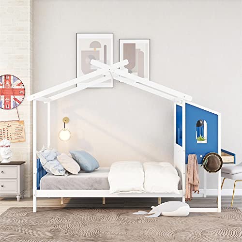 Tensun Full Size Platform Bed Frame with Built-in Desk and Two Drawers,Separate Storage Pen Case,House Shaped Platform Bed for Kids,Teens,Students,White+Blue