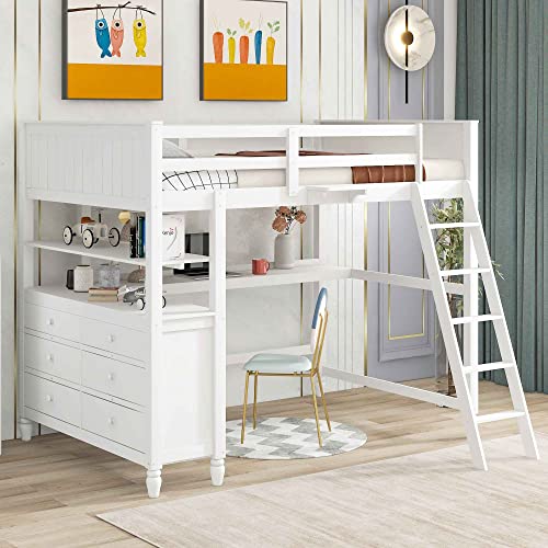 ATY Full Size Loft Bed with 6 Drawers and Desk, Wooden Bedframe w/Shelves, Ladder & Full-Length Guardrail, Save Space Design, for Kids, Teens, Adults, No Spring Required, White