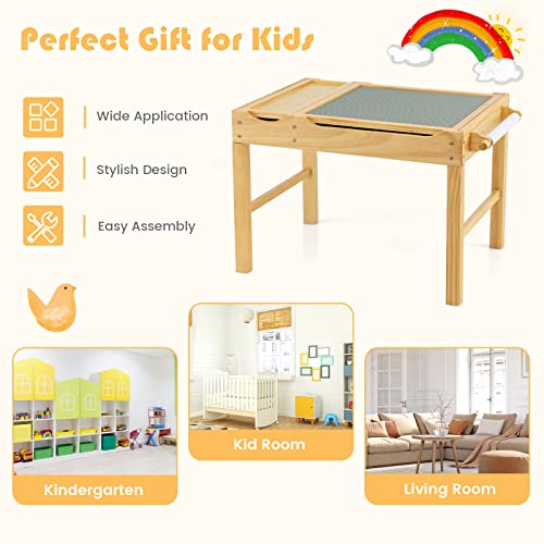 HONEY JOY Kids Table, 2 in 1 Toddler Wooden Activity Table with Paper Roll, Convertible Building Block Tabletop, 3 Storage Compartments, Children Furniture Set for Daycare, Playroom, Natural