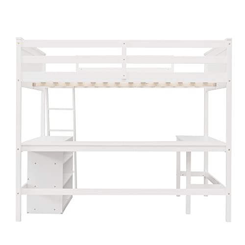 MOEO Full Size Loft Bed with Shelves and Desk, Wooden Loftbed Frame with w/Ladder for Kids, Boys, Girls, Bedroom, No Spring Box Required, White