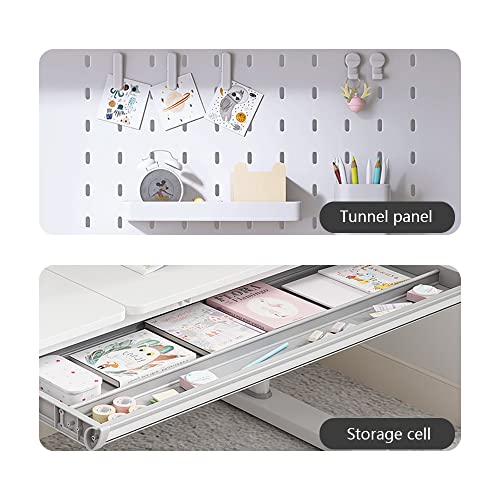 FCD Desk for Kids, Height Adjustable Wood Children Study Computer Desk with Large Shelf, Tiltable Desktop and Pull-Out Drawer