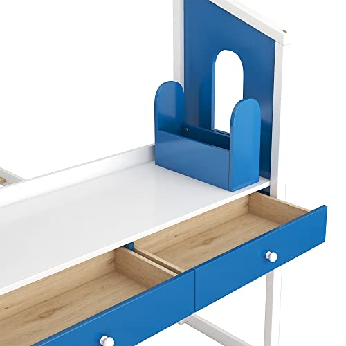 Tensun Full Size Platform Bed Frame with Built-in Desk and Two Drawers,Separate Storage Pen Case,House Shaped Platform Bed for Kids,Teens,Students,White+Blue