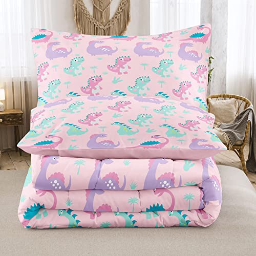NINENINE Girls Pink Dinosaur Bedding Twin Comforter Set for Boys Kids Toddler Bedding Cute Cartoon Colorful Little Dino Comforter Set with 1 Comforter 1 Pillowcase