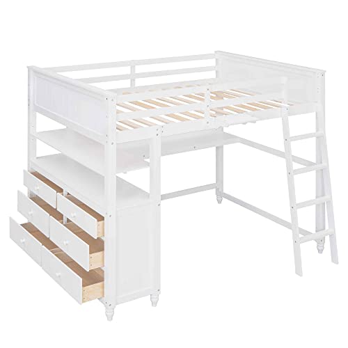 ATY Full Size Loft Bed with 6 Drawers and Desk, Wooden Bedframe w/Shelves, Ladder & Full-Length Guardrail, Save Space Design, for Kids, Teens, Adults, No Spring Required, White