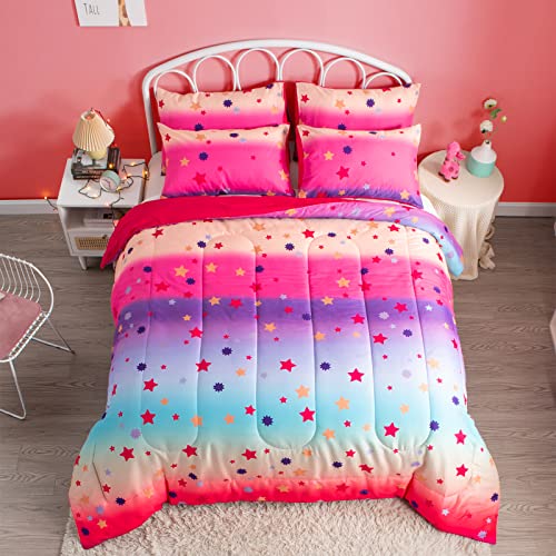 SUCHDECO Kids Bedding Sets for Girls Rainbow Bedding with Colorful Stars 3 PCS Twin Comforter with 2 Pillowcases for Kids Teens Girls Women