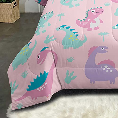 NINENINE Girls Pink Dinosaur Bedding Twin Comforter Set for Boys Kids Toddler Bedding Cute Cartoon Colorful Little Dino Comforter Set with 1 Comforter 1 Pillowcase