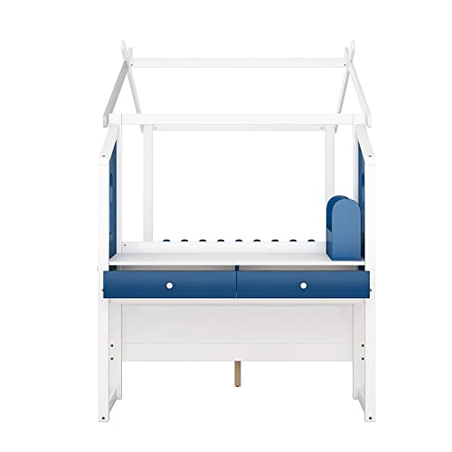 Tensun Full Size Platform Bed Frame with Built-in Desk and Two Drawers,Separate Storage Pen Case,House Shaped Platform Bed for Kids,Teens,Students,White+Blue