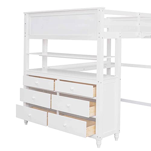 ATY Full Size Loft Bed with 6 Drawers and Desk, Wooden Bedframe w/Shelves, Ladder & Full-Length Guardrail, Save Space Design, for Kids, Teens, Adults, No Spring Required, White