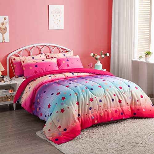 SUCHDECO Kids Bedding Sets for Girls Rainbow Bedding with Colorful Stars 3 PCS Twin Comforter with 2 Pillowcases for Kids Teens Girls Women
