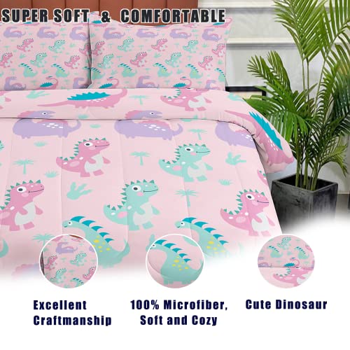NINENINE Girls Pink Dinosaur Bedding Twin Comforter Set for Boys Kids Toddler Bedding Cute Cartoon Colorful Little Dino Comforter Set with 1 Comforter 1 Pillowcase