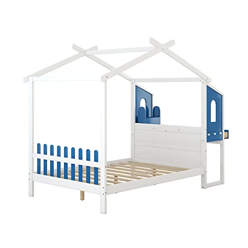 Tensun Full Size Platform Bed Frame with Built-in Desk and Two Drawers,Separate Storage Pen Case,House Shaped Platform Bed for Kids,Teens,Students,White+Blue
