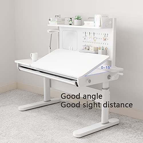 FCD Desk for Kids, Height Adjustable Wood Children Study Computer Desk with Large Shelf, Tiltable Desktop and Pull-Out Drawer