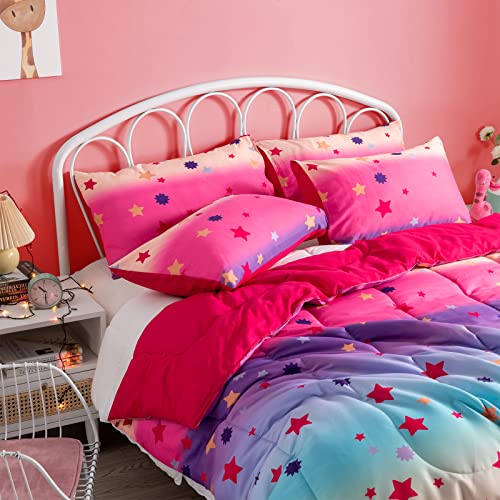 SUCHDECO Kids Bedding Sets for Girls Rainbow Bedding with Colorful Stars 3 PCS Twin Comforter with 2 Pillowcases for Kids Teens Girls Women