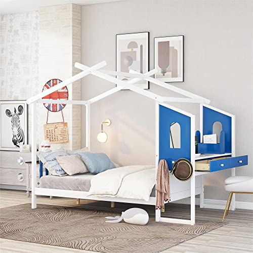 Tensun Full Size Platform Bed Frame with Built-in Desk and Two Drawers,Separate Storage Pen Case,House Shaped Platform Bed for Kids,Teens,Students,White+Blue