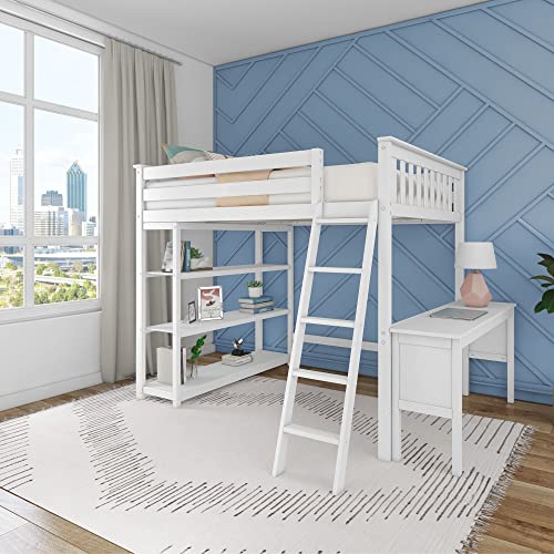 Max & Lily Full Size High Loft Bed with Desk and Bookcase, White, Solid Wood Modern Bed Frame for Kids/Teens, Pine, Non-Toxic Finish, 400 lb. Weight Capacity, Easy Assembly
