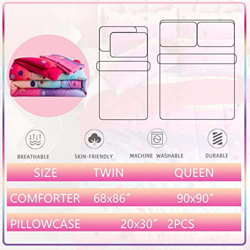 SUCHDECO Kids Bedding Sets for Girls Rainbow Bedding with Colorful Stars 3 PCS Twin Comforter with 2 Pillowcases for Kids Teens Girls Women