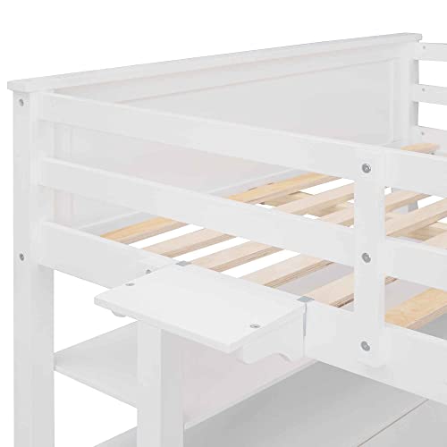 ATY Full Size Loft Bed with 6 Drawers and Desk, Wooden Bedframe w/Shelves, Ladder & Full-Length Guardrail, Save Space Design, for Kids, Teens, Adults, No Spring Required, White