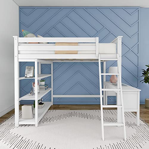 Max & Lily Full Size High Loft Bed with Desk and Bookcase, White, Solid Wood Modern Bed Frame for Kids/Teens, Pine, Non-Toxic Finish, 400 lb. Weight Capacity, Easy Assembly