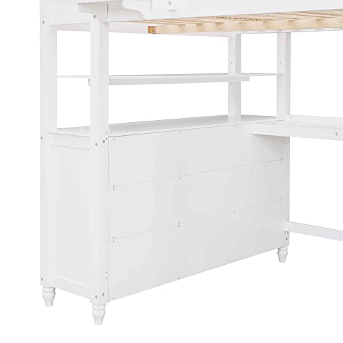 ATY Full Size Loft Bed with 6 Drawers and Desk, Wooden Bedframe w/Shelves, Ladder & Full-Length Guardrail, Save Space Design, for Kids, Teens, Adults, No Spring Required, White