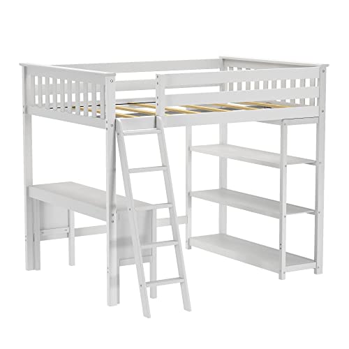 Max & Lily Full Size High Loft Bed with Desk and Bookcase, White, Solid Wood Modern Bed Frame for Kids/Teens, Pine, Non-Toxic Finish, 400 lb. Weight Capacity, Easy Assembly