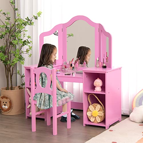 INFANS Kids Vanity, 2 in 1 Princess Makeup Desk & Chair Set with Tri-Folding Detachable Mirror, Large Storage Shelves, Wooden Dressing Table, Pretend Play Vanity Set for Girls