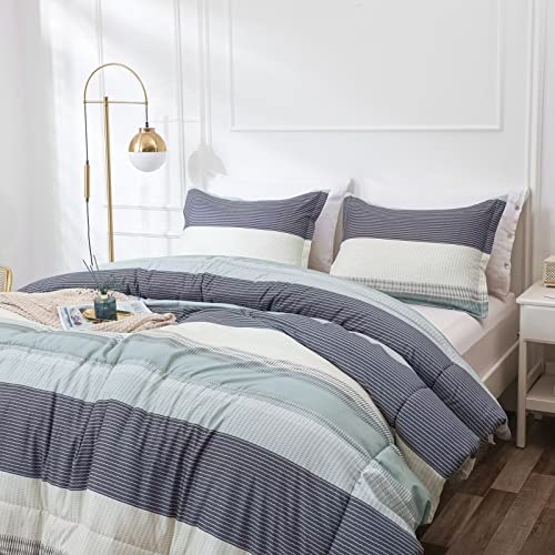 Anyfun Sage Green Twin Comforter Set, Patchwork Striped Comforters for College Boys, Washable & Brushed 2 Pieces Bedding Comforter for All Seasons (1 Twin Comforter & 1 Pillowcase)