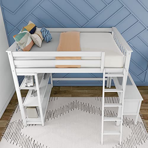Max & Lily Full Size High Loft Bed with Desk and Bookcase, White, Solid Wood Modern Bed Frame for Kids/Teens, Pine, Non-Toxic Finish, 400 lb. Weight Capacity, Easy Assembly