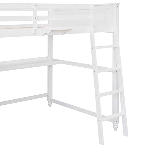 ATY Full Size Loft Bed with 6 Drawers and Desk, Wooden Bedframe w/Shelves, Ladder & Full-Length Guardrail, Save Space Design, for Kids, Teens, Adults, No Spring Required, White