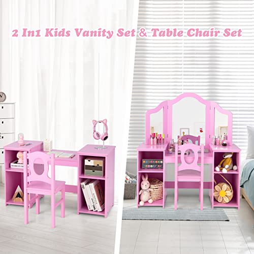 INFANS Kids Vanity, 2 in 1 Princess Makeup Desk & Chair Set with Tri-Folding Detachable Mirror, Large Storage Shelves, Wooden Dressing Table, Pretend Play Vanity Set for Girls
