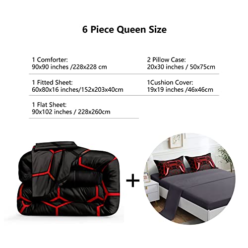 ROWADALO 6 Pieces Gaming Bedding Set for Boys Gamer Comforter Set Queen Size,Game Controller Comforter for Boys Kids Adult 3D Gamepad Microfiber Bedding 6 Pieces Bed in A Bag Sets H50023,Queen