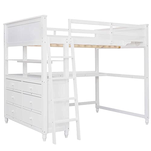ATY Full Size Loft Bed with 6 Drawers and Desk, Wooden Bedframe w/Shelves, Ladder & Full-Length Guardrail, Save Space Design, for Kids, Teens, Adults, No Spring Required, White