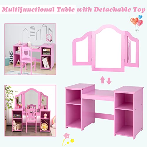 INFANS Kids Vanity, 2 in 1 Princess Makeup Desk & Chair Set with Tri-Folding Detachable Mirror, Large Storage Shelves, Wooden Dressing Table, Pretend Play Vanity Set for Girls