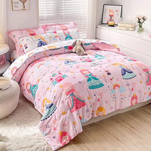Wajade Kids Pink Princess Comforter Set Bed in A Bag Full Size 7 Piece Princess Fairy Tales Castle Bedding Set for Girl (1 Comforter, 1 Flat Sheet, 1 Fitted Sheet, 2 Pillowcase and 2 Pillow Sham)