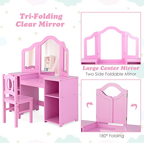 INFANS Kids Vanity, 2 in 1 Princess Makeup Desk & Chair Set with Tri-Folding Detachable Mirror, Large Storage Shelves, Wooden Dressing Table, Pretend Play Vanity Set for Girls