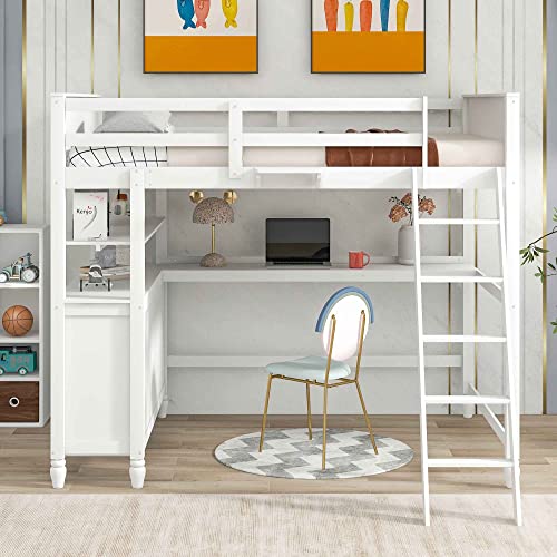 ATY Full Size Loft Bed with 6 Drawers and Desk, Wooden Bedframe w/Shelves, Ladder & Full-Length Guardrail, Save Space Design, for Kids, Teens, Adults, No Spring Required, White