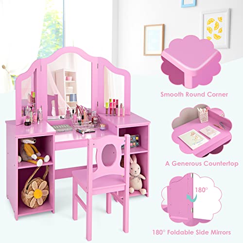 INFANS Kids Vanity, 2 in 1 Princess Makeup Desk & Chair Set with Tri-Folding Detachable Mirror, Large Storage Shelves, Wooden Dressing Table, Pretend Play Vanity Set for Girls