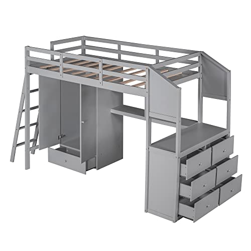 SOFTSEA Twin High Loft Bed with Wardrobe, Desk and Shelves Wood Loft Bed Frame with Side Double Dresser for Kids