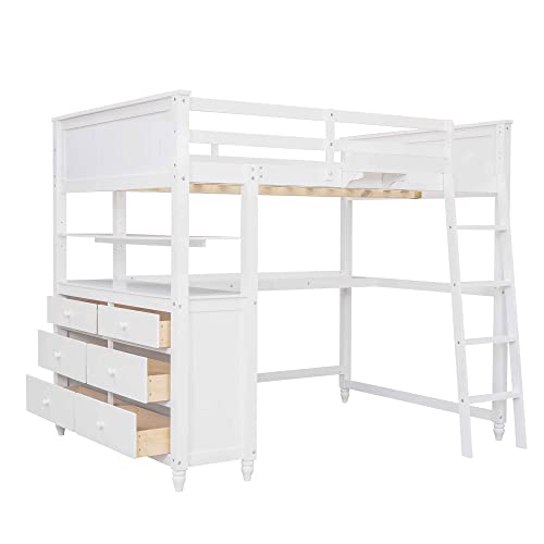 ATY Full Size Loft Bed with 6 Drawers and Desk, Wooden Bedframe w/Shelves, Ladder & Full-Length Guardrail, Save Space Design, for Kids, Teens, Adults, No Spring Required, White