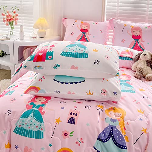 Wajade Kids Pink Princess Comforter Set Bed in A Bag Full Size 7 Piece Princess Fairy Tales Castle Bedding Set for Girl (1 Comforter, 1 Flat Sheet, 1 Fitted Sheet, 2 Pillowcase and 2 Pillow Sham)